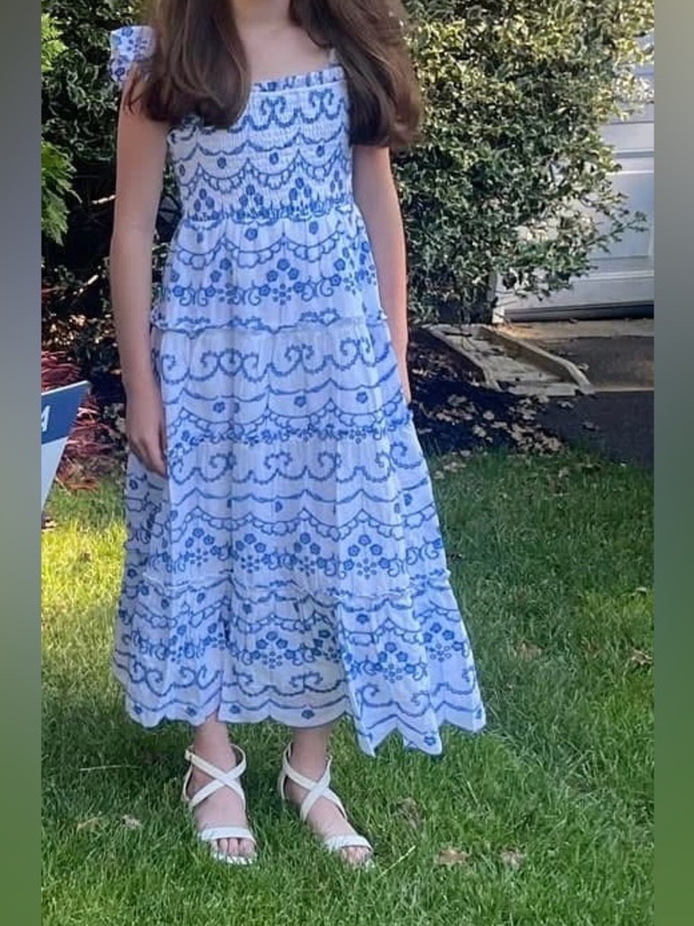 Rare Editions White and Blue Embroidered Tiered Sundress